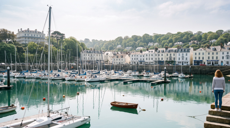 Yachts moored in St Aubin's harbour, Jersey, with the village and wooded hillside behind