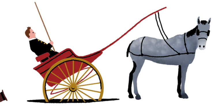 Illustration of a horse-drawn cart stuck in a pothole.