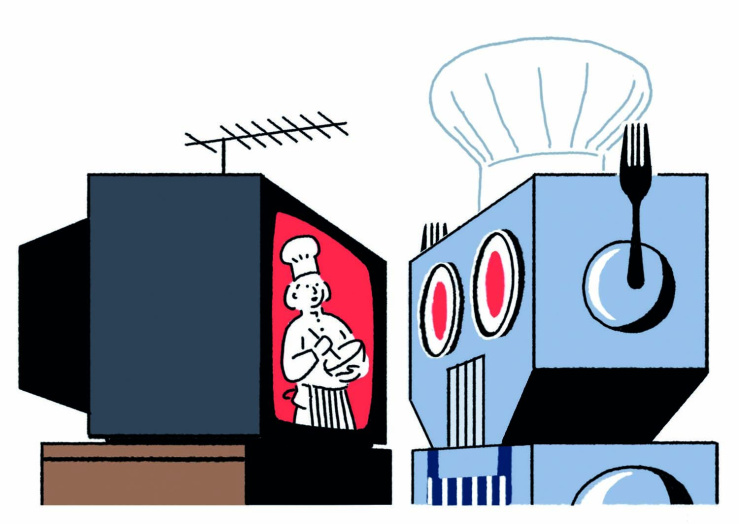 Robot watching cooking show on TV