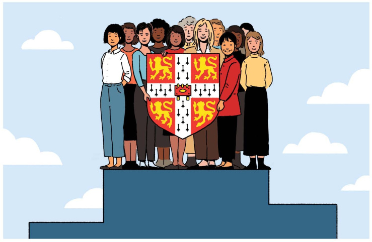 Lots of women at top of podium holding Cambridge shield