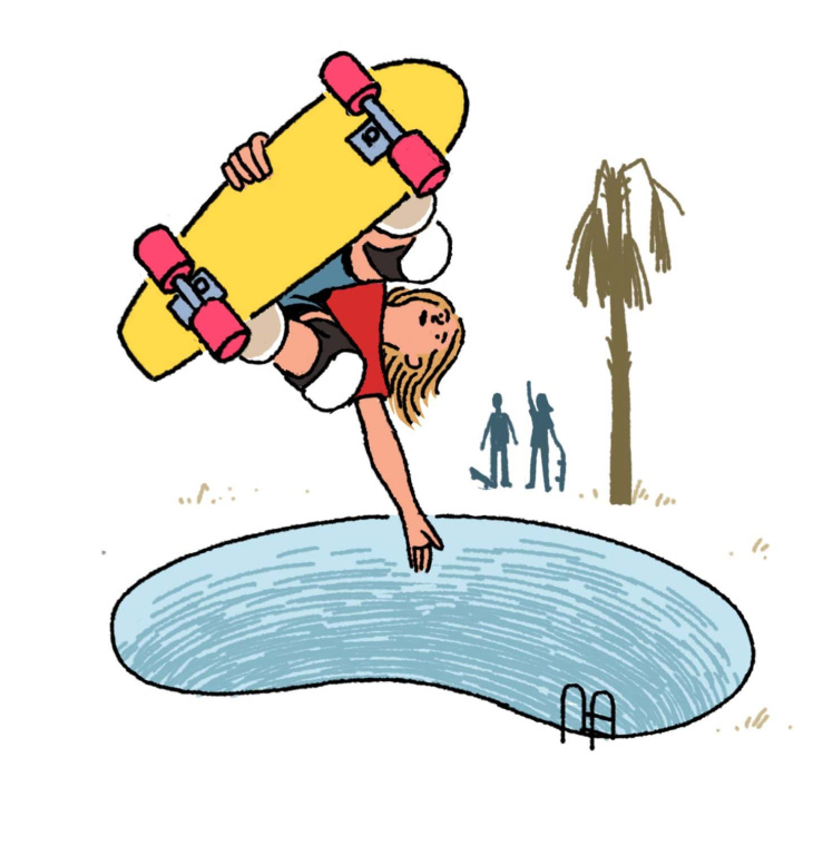 Skater and swimming pool in background