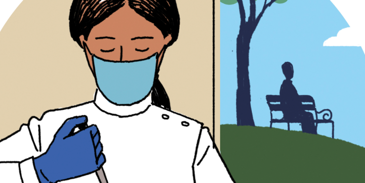 Illustration of a researcher testing samples on the left, with a person sitting on a park bench on the right.