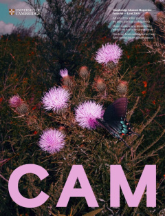 Cover of CAM 86, showing a butterfly on thistles