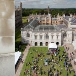 Alumnus Daniel Edward is seen on the left with an aerial view of Senate House lawn on the right