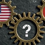 Three interlocking cogs with flags inside, including USA and Russia