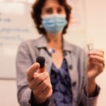 Rebecca Fitzgerald with cancer-testing device
