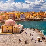 Mosque in the old Venetian harbor of Chania town on Crete island, Greece