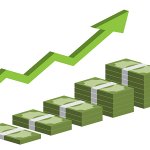 Increasing stack of isometric money with arrow, making profit, revenue growth stock illustration with CJBS logo top left corner