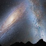 Artist's impression of the predicted collision between the Milky Way and Andromeda