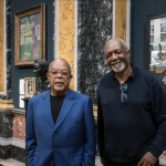 Artist Kerry James Marshall and Henry Louis "Skip" Gates Jr. stand in front of the donated portrait