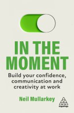 In the Moment book cover, featuring a sage green background and a tab toggled to 'on'