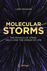 Molecular storms book cover, showing bold text over exploding light points