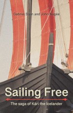 Front cover showing the front of a dark grey sailboat with red and white striped sails
