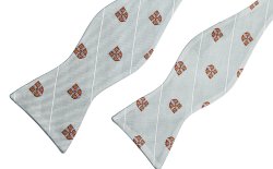 Alumni bow tie with University shields on the background of Cambridge blue