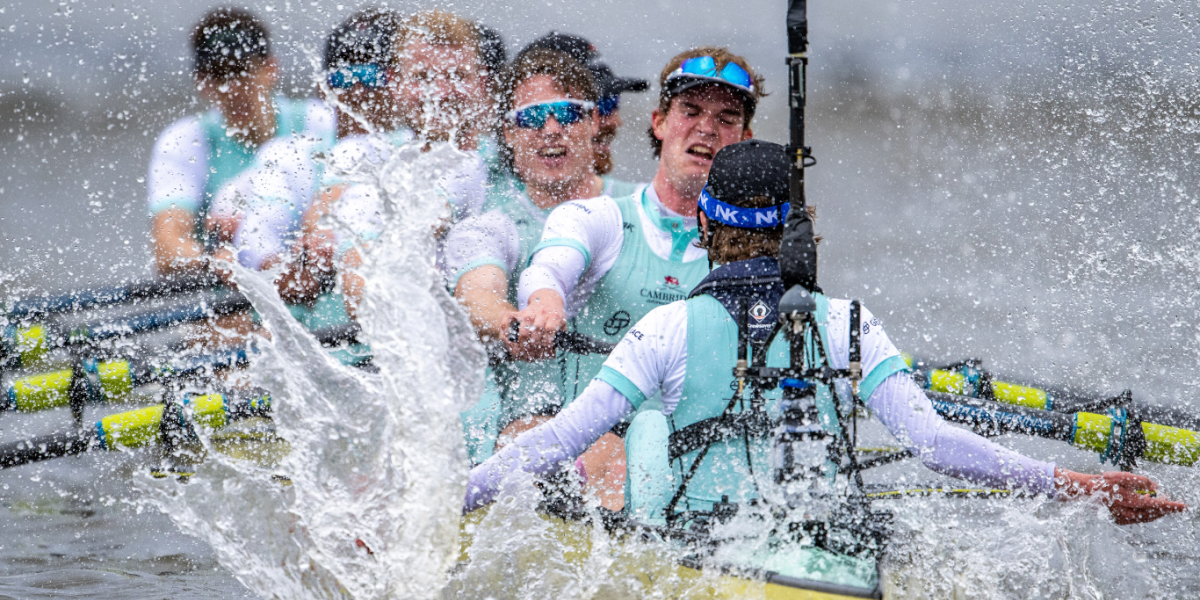 The men's Blue Boat in action on the river,