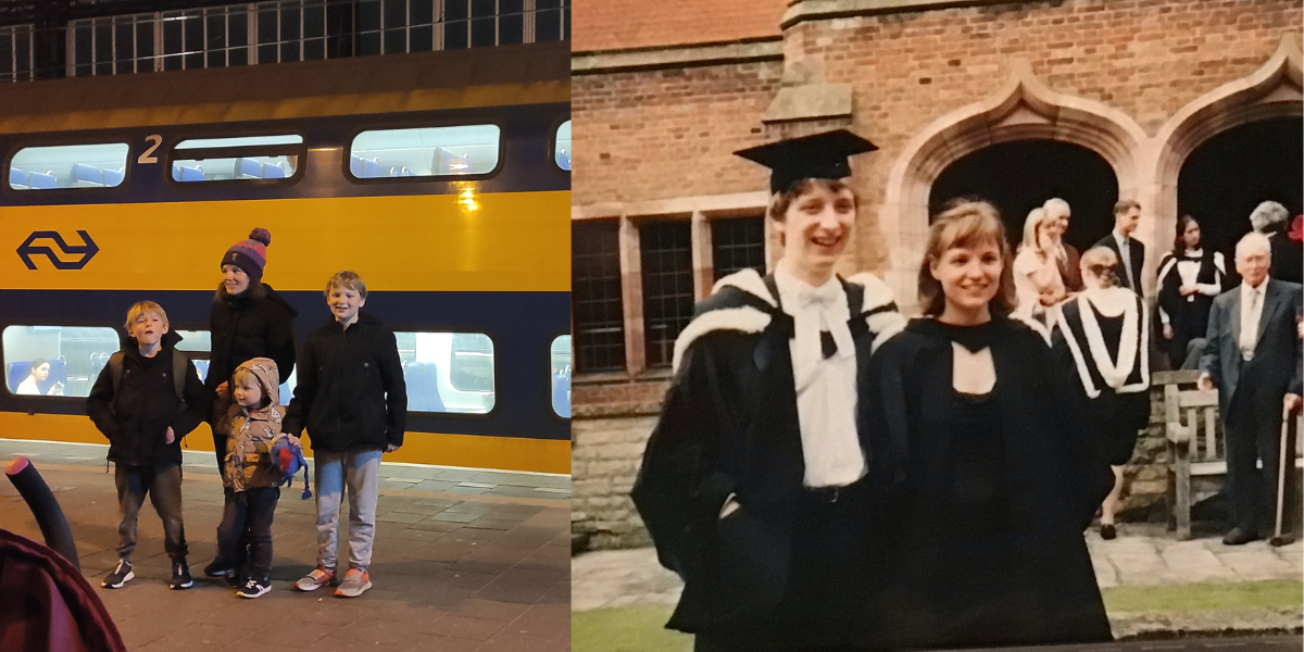 Mei with her children (left) and Mei with her husband at Cambridge (right)