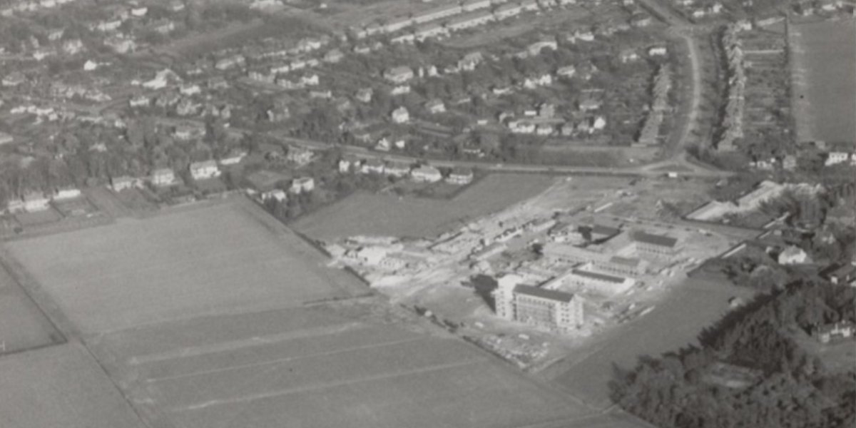 The beginnings of the Cambridge Biomedical Campus circa 1960s. Image Credit: Cambridge University Hospitals Archives.