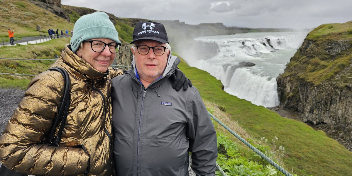 Peter Barker and Gaye Plunkett at Gulfoss Waterfall