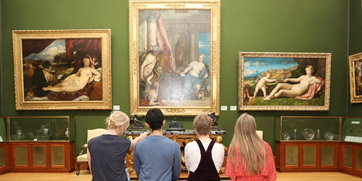 Students looking at paintings in the Fitzwilliam Museum