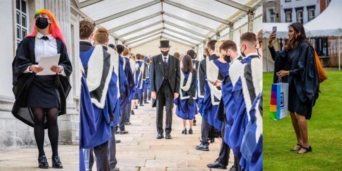 Collage of in-person graduation ceremonies at Cambridge, held in July 2021