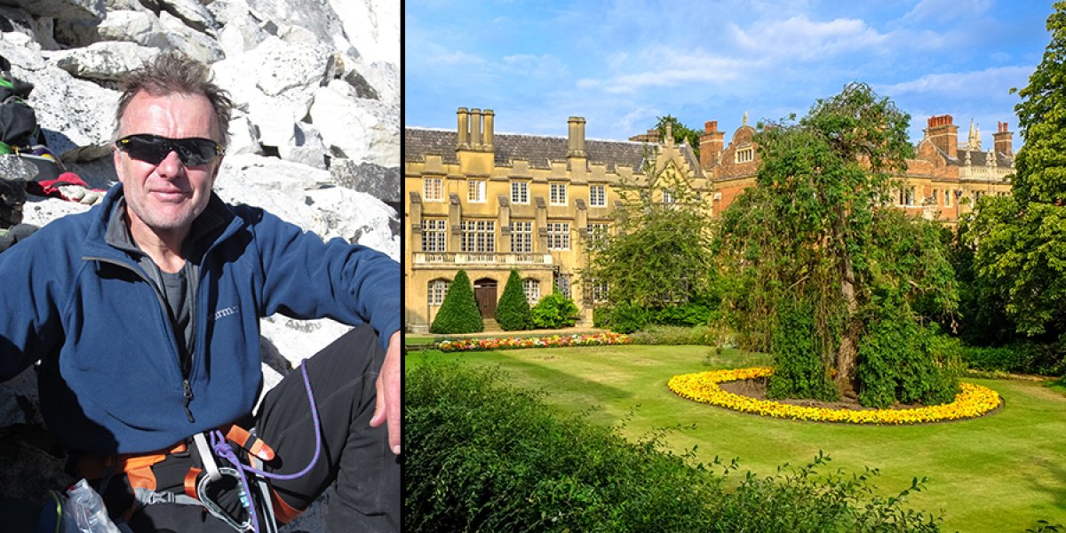 Left: Charles Sherwood at Ama Dablam Base Camp in Nepal, right: Sidney Sussex College 