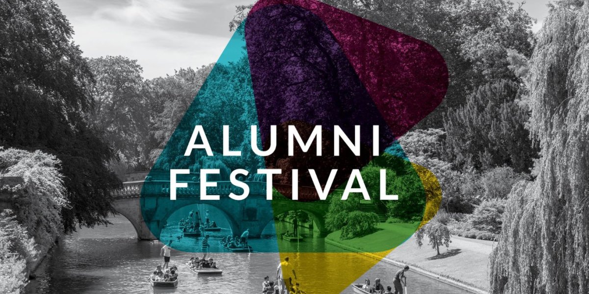 Alumni Festival logo of 3 interlocking triangles is set over the backdrop of punts on the canal.