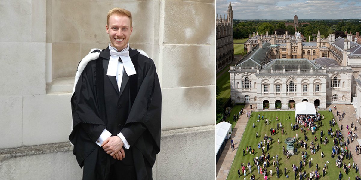 Alumnus Daniel Edward is seen on the left with an aerial view of Senate House lawn on the right