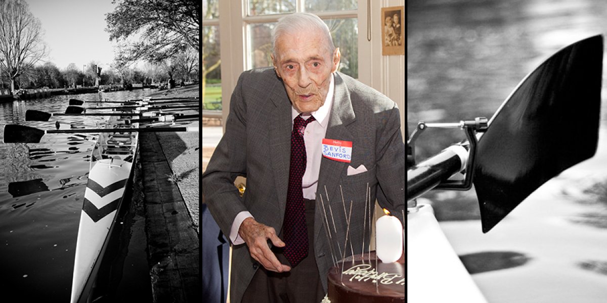 Bevis Sanford at his 100th birthday party and the Trinity Hall boat.