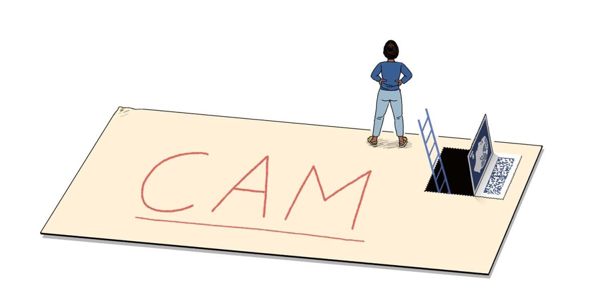 Person is standing on letter having climbed up a ladder through the stamp which is a trap door