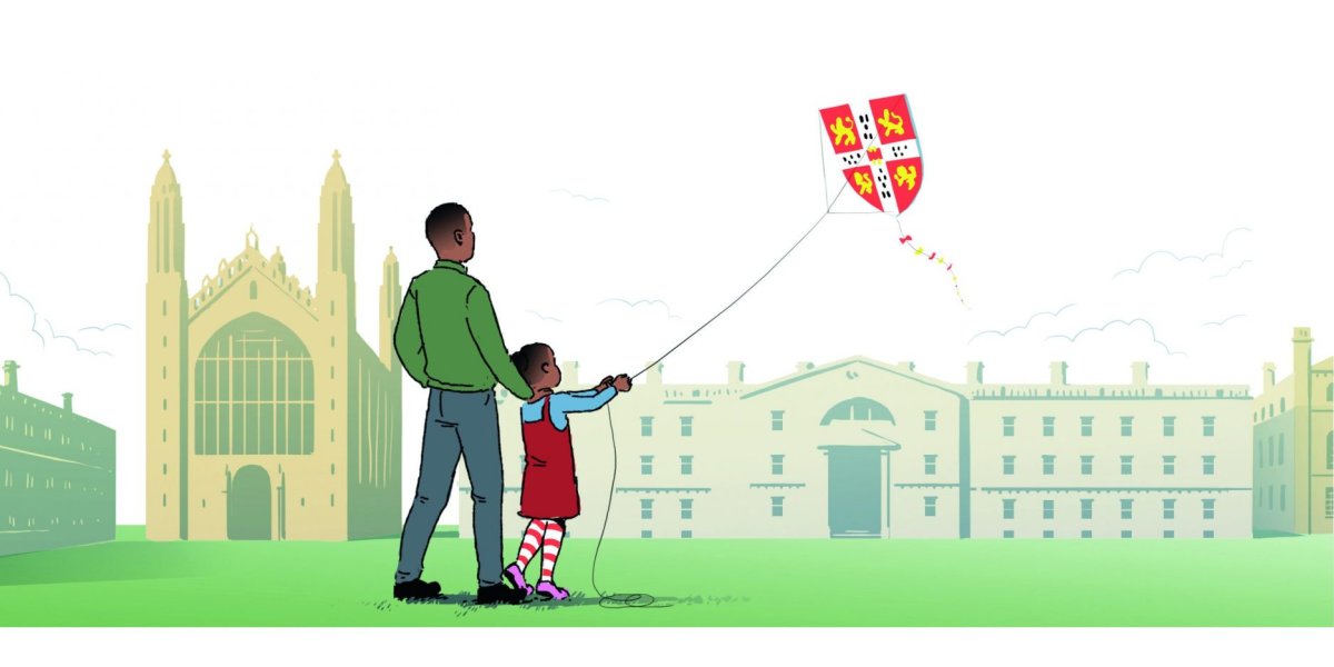Child with father flying kite over King's College