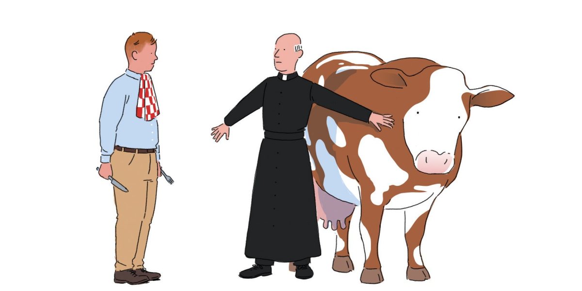 Man in dog collar protecting cow from man holding knife and fork