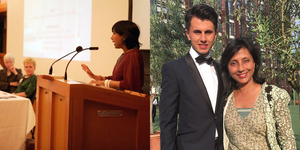 Sumita speaking at the Trinity College celebration of the admittance of female students, May 2008. Sumita and Chater. 