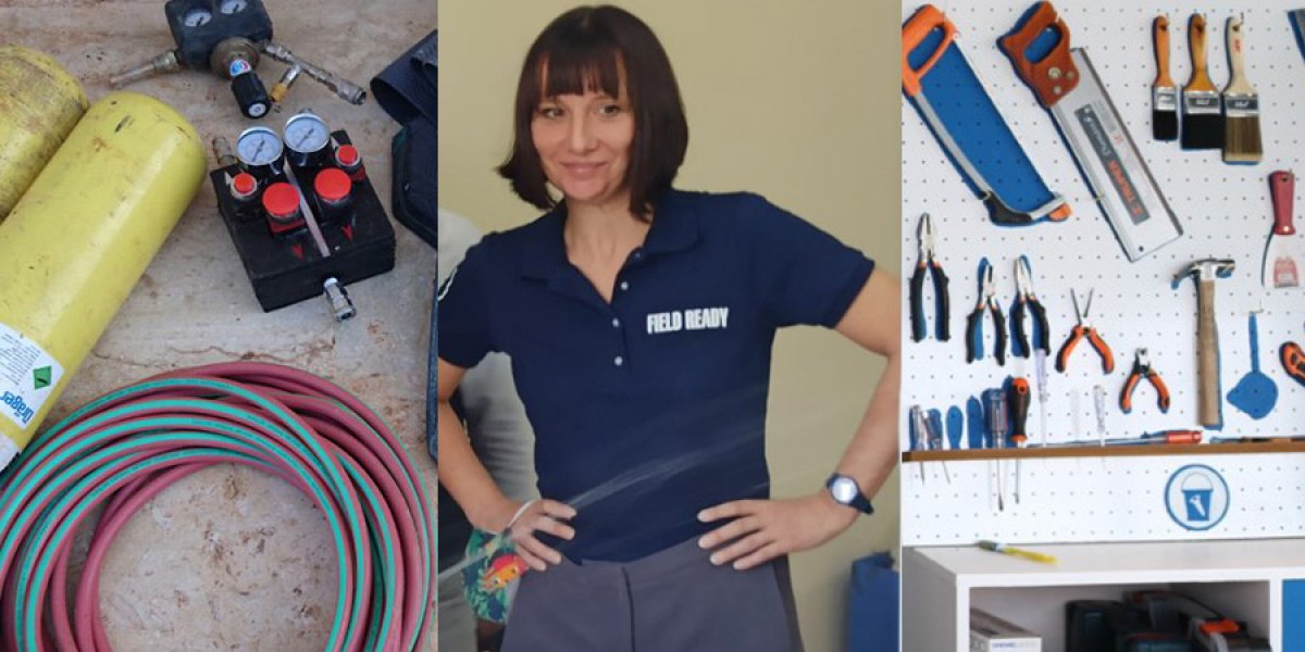 Susan Long next to the Syria Airbag Kit and Makerspace equipment.