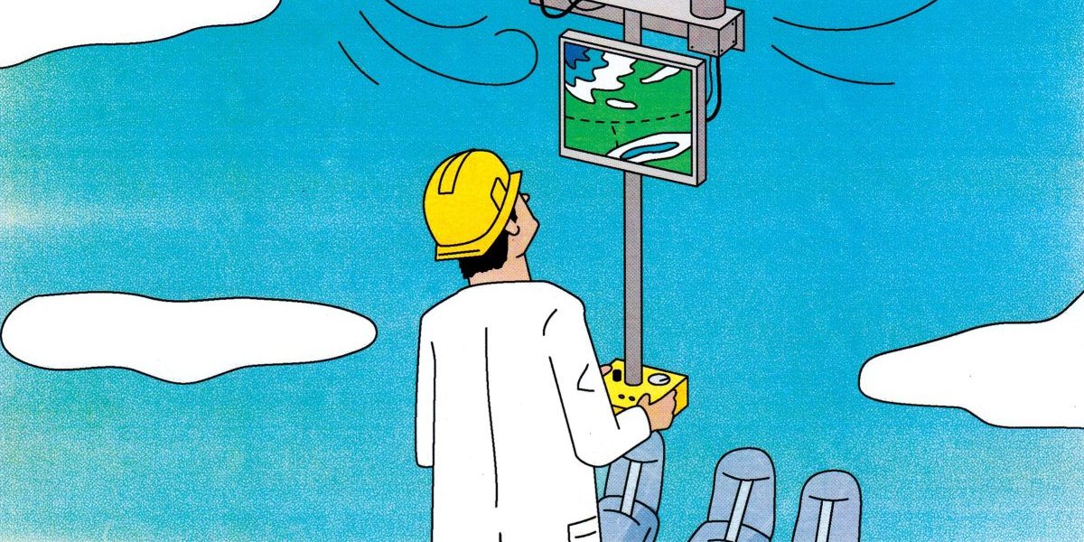 Man holding scientific equipment, standing on robot hand