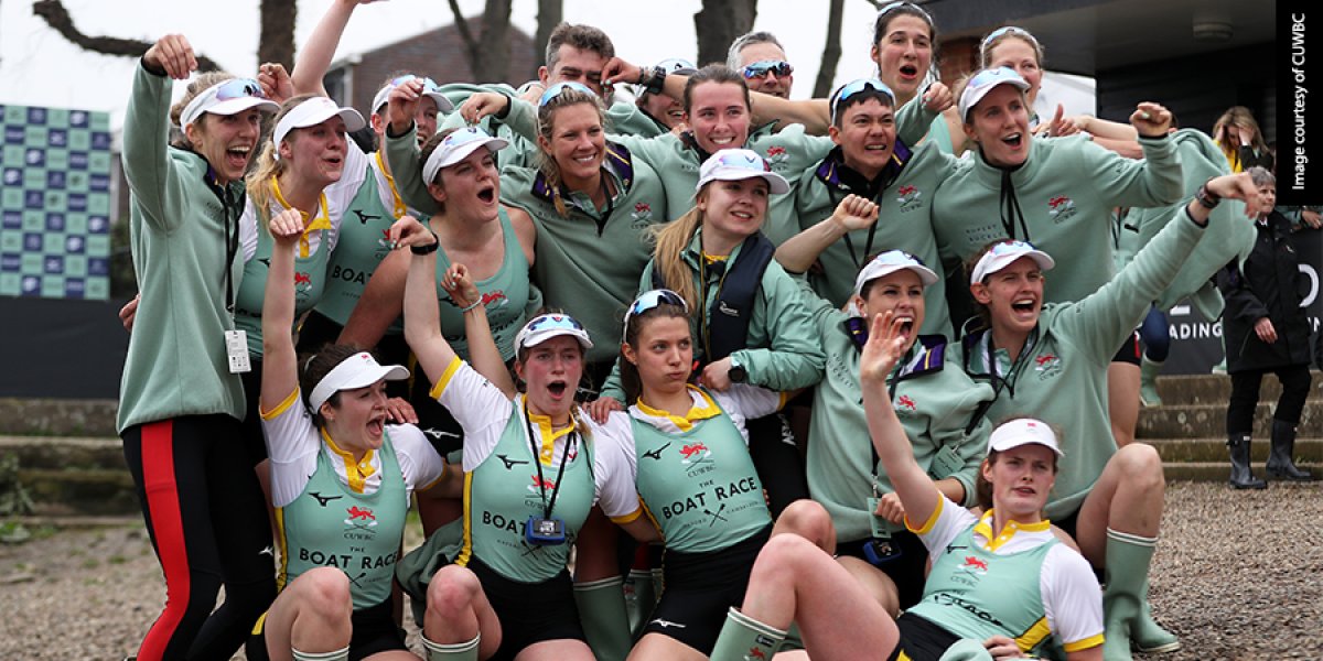 Cambridge women's crew celebrates victory in the 74th women’s Boat Race