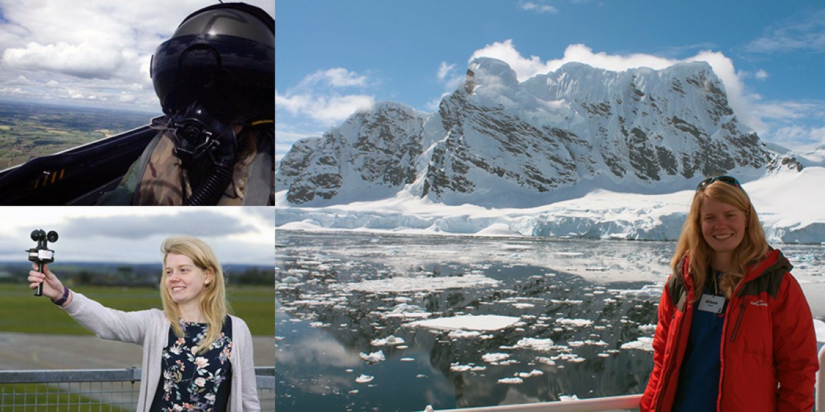 (Top-left) Alison flying; (Bottom-left) Alison as a Meteorologist; (Right) Alison in Antarctica