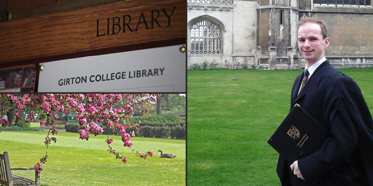 From clockwise: Girton College library, Will outside King’s College, Girton College gardens 