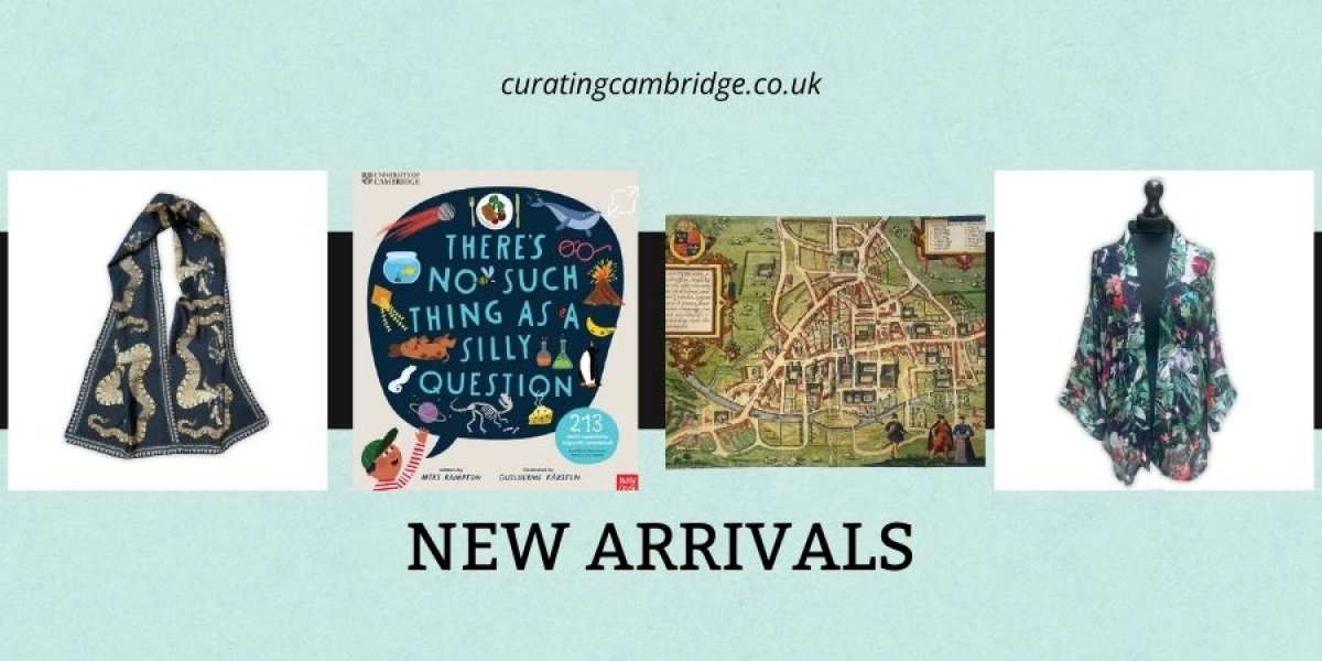 Four images of new products in a straight line, Silly Question front cover, floral kimono, map of cambridge tea towel and scarf
