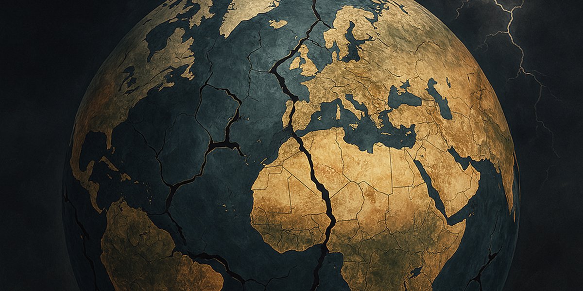 Stylized image of a fractured globe with visible cracks across continents, set against a dark stormy background