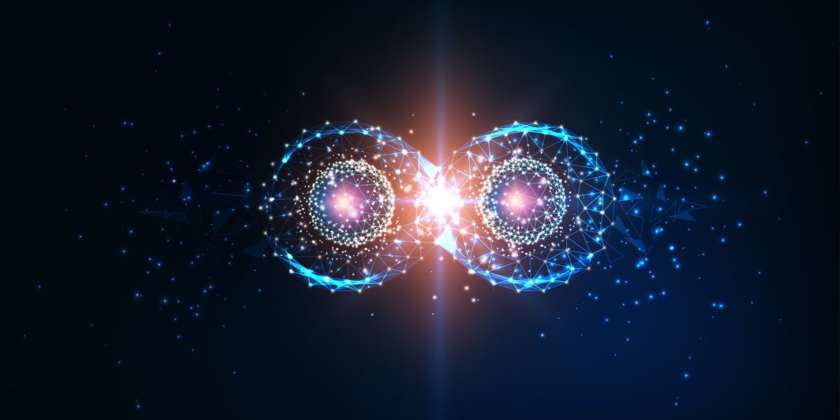 Futuristic glowing low polygonal infinity loop with atom coherence models