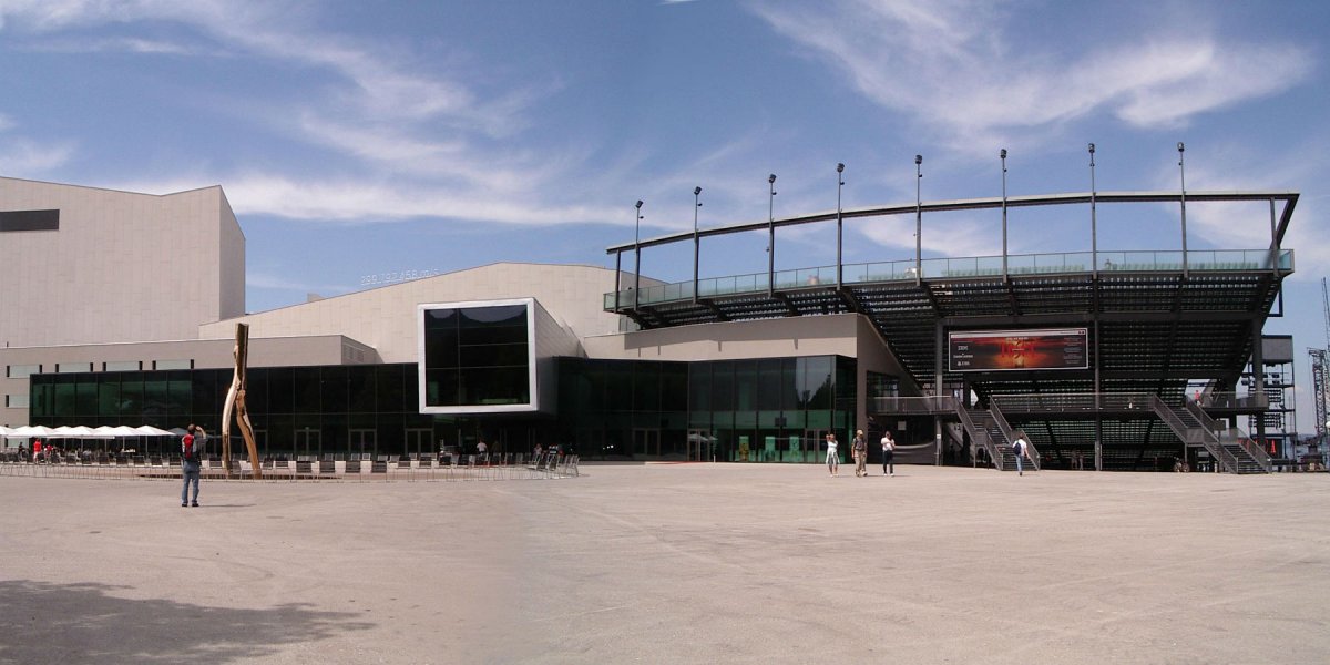 Bregenz Festival Hall with Lake Stage as part of the Bregenz Festival on the Austrian shores of Lake Constance, exterior view