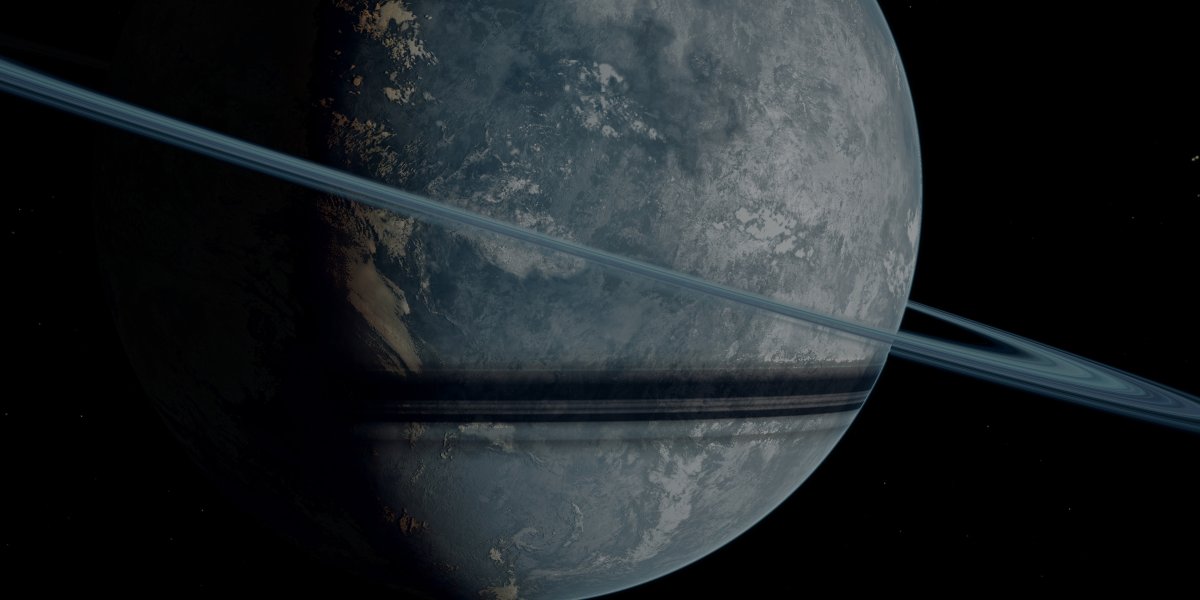 Blue Barren Hycean Ice Planet with Frozen Oceans and Rings in Space