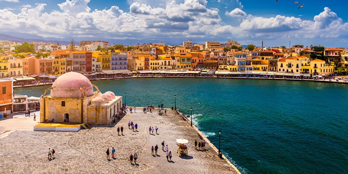 Mosque in the old Venetian harbor of Chania town on Crete island, Greece