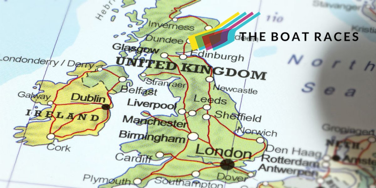 Image of a map of the United Kingdom with the Boat Races logo