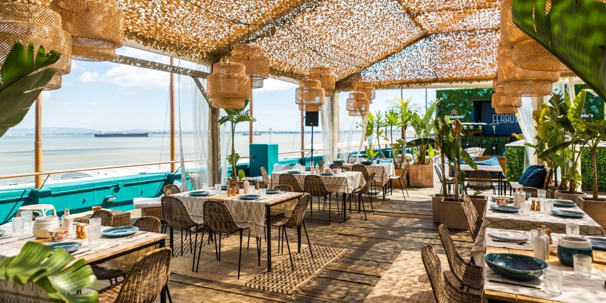 A rooftop terrace overlooking the sea