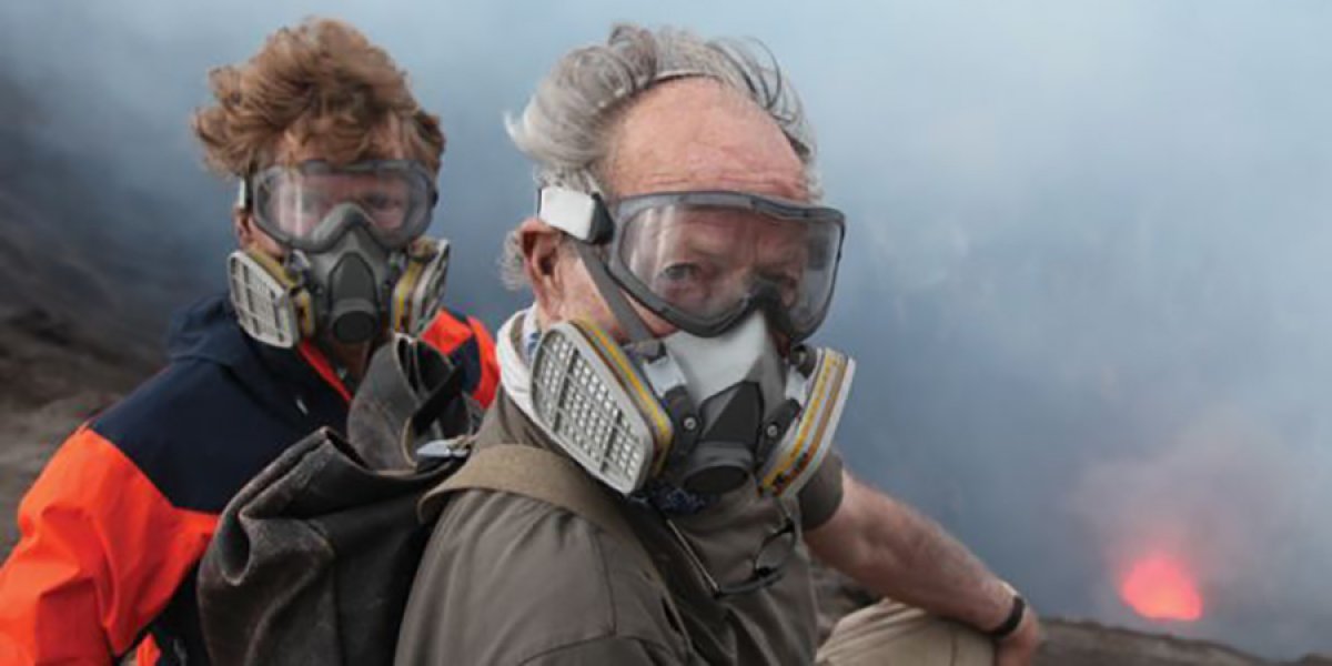 Professor Clive Oppenheimer and Werner Herzog on the rim of a volcano
