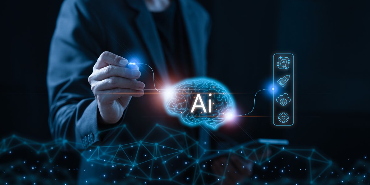 AI generated image on a man giving data to AI and seeing the output