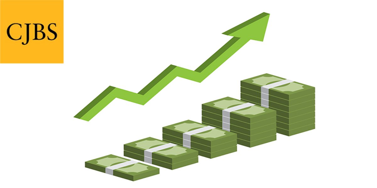 Increasing stack of isometric money with arrow, making profit, revenue growth stock illustration with CJBS logo top left corner