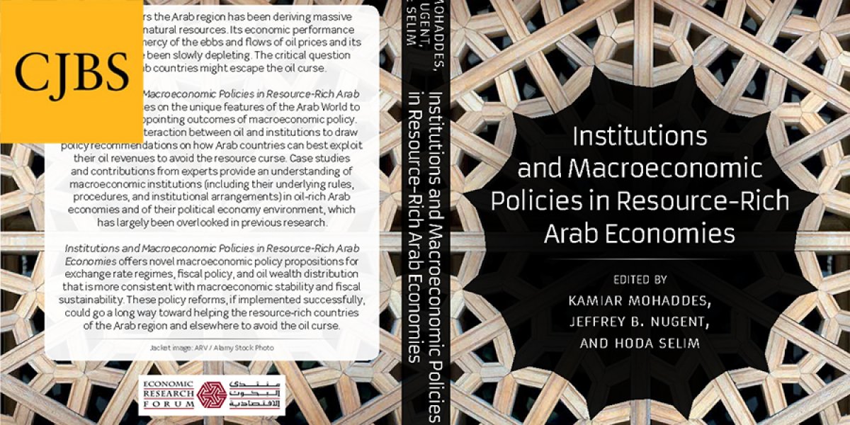 Book cover for Institutions and macroeconomic policies in resource-rich Arab economies with CJBS logo in top left corner