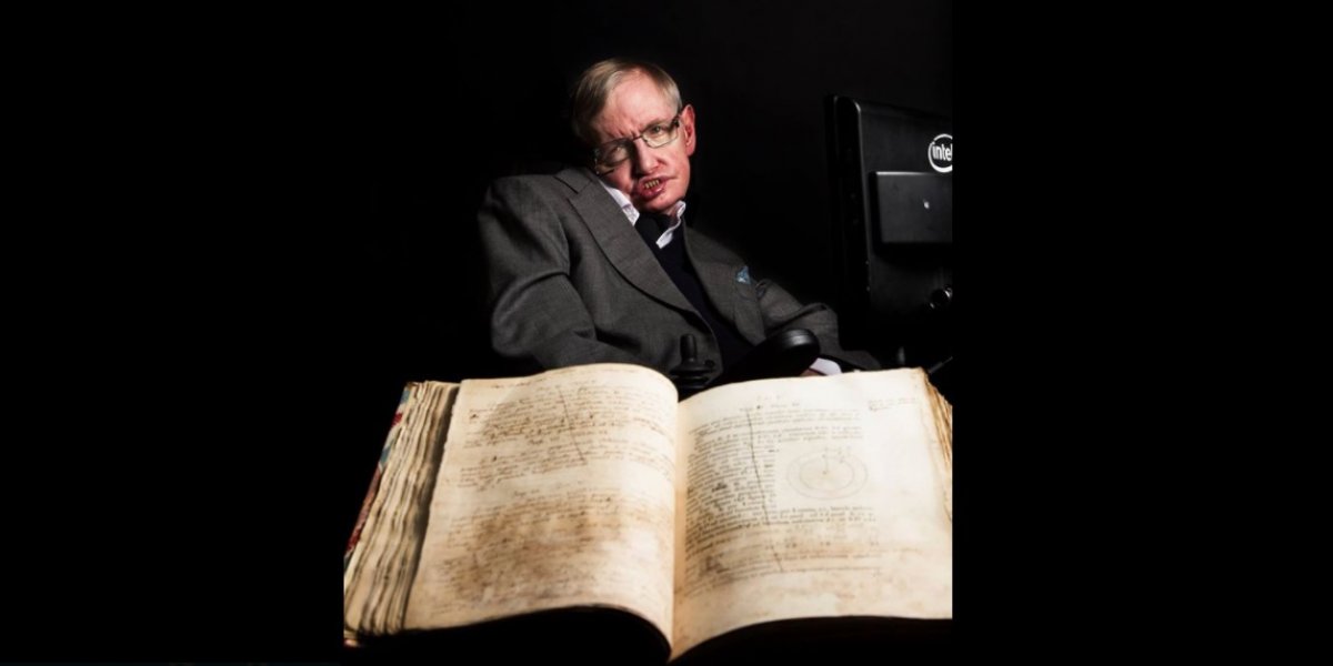 image of Stephen Hawking with a book from archive